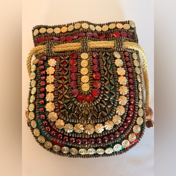 Bohemian Beaded Vibrant Red And Gold Drawstring Closure Small Unique Bag - Picture 1 of 10